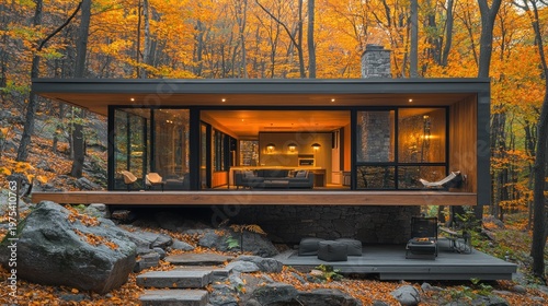 Architectural Gem: Modern Cabin with Warm Interior Glow Nestled in Vibrant Autumn Forest Landscape