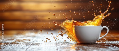 Dynamic Coffee Splash: White Cup, Golden Liquid, Wooden Surface, Dramatic Lighting.