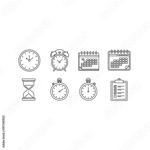 Set of outline time clock calendar schedule management icons with calendar