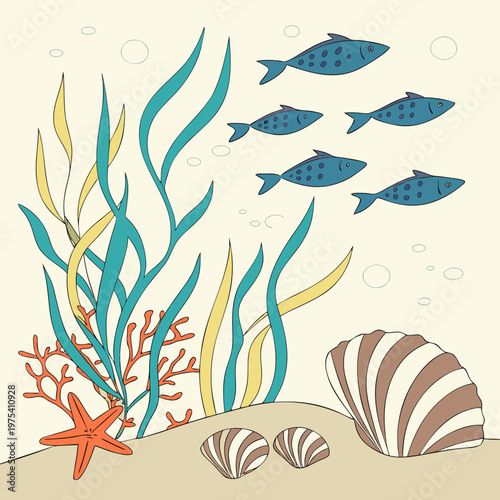 Underwater scene, ocean creatures, seaweed, colorful fish, marine life vector