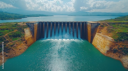 Majestic Hydroelectric Dam Releasing Turquoise Water into River, Surrounded by Lush Green Hills Under Cloudy Sky