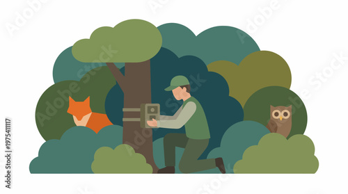 A male wildlife researcher setting up a camera trap on a tree in the forest. EPS Editable. Vector Illustrations.