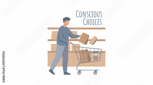 A man choosing ecofriendly products while grocery shopping in a store. EPS Editable. Vector Illustrations.