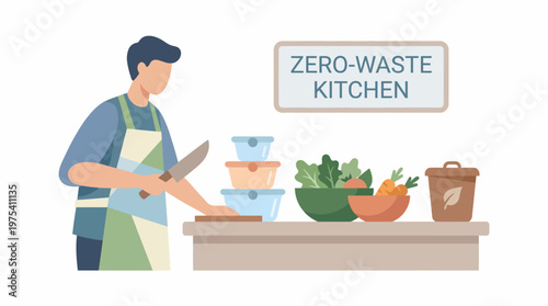 A man in an apron preparing food in a zero waste kitchen setting. EPS Editable. Vector Illustrations.