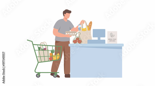 A man purchasing groceries at a supermarket checkout counter. EPS Editable. Vector Illustrations.