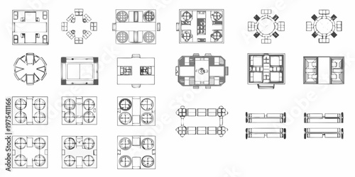 Architectural floor plans depicting various table and seating arrangements