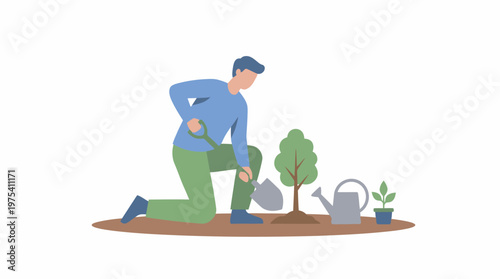 A person planting a young tree in the ground. EPS Editable. Vector Illustrations.