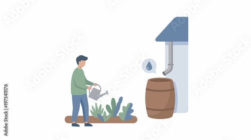 A man watering plants in his garden with a rainwater harvesting barrel. EPS Editable. Vector Illustrations.