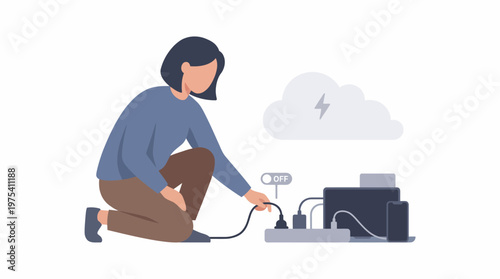 A person plugging an electrical cord into a power strip. EPS Editable. Vector Illustrations.
