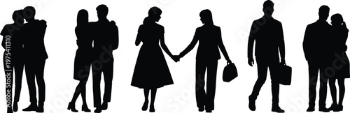 Silhouette couples standing together, human connection, people holding hands, embracing figures, social interaction, relationship illustration, lifestyle design, everyday life, black art