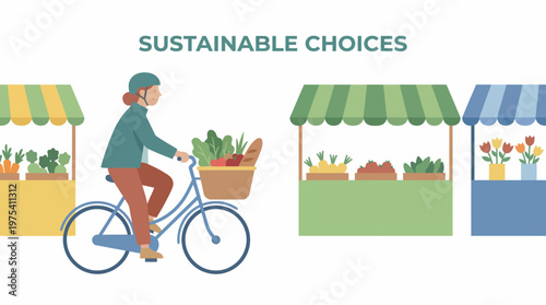 A woman riding a bicycle with a basket of fresh groceries. EPS Editable. Vector Illustrations.