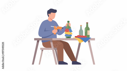 A young man crafting a colorful decorative object at a wooden table. EPS Editable. Vector Illustrations.
