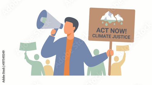 Climate change activist shouting through a megaphone with protest sign. EPS Editable. Vector Illustrations.