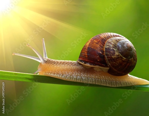 A snail traverses a blade of grass with sunlit background