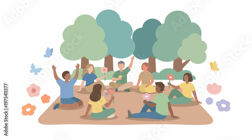 Diverse group of happy young friends sitting together on a picnic blanket. EPS Editable. Vector Illustrations.