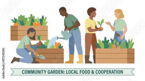 Diverse Group of People Working Together in a Community Garden. EPS Editable. Vector Illustrations.