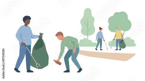 Diverse group of volunteers cleaning up park environment. EPS Editable. Vector Illustrations.