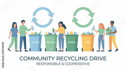 Diverse Group of People Participating in a Community Recycling Drive Event. EPS Editable. Vector Illustrations.