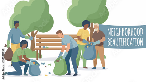 Diverse Group of Volunteers Cleaning Up Local Park Together. EPS Editable. Vector Illustrations.