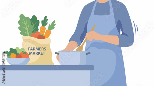 Person in apron cooking with fresh farmers market vegetables. EPS Editable. Vector Illustrations.