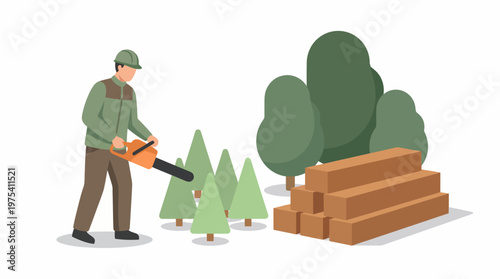 Professional lumberjack using a chainsaw in the forest. EPS Editable. Vector Illustrations.