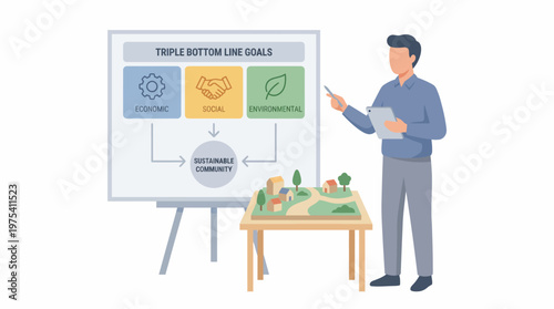 Professional presenting triple bottom line sustainability goals with a model of a green city. EPS Editable. Vector Illustrations.