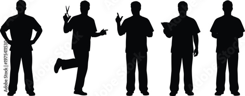 Silhouette medical staff, healthcare professionals, doctor figures, nurse poses, hospital workers, standing gestures, clipboard holding, vector illustration, uniform attire, posture design