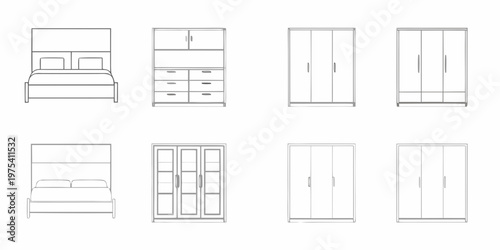 Line drawing of bedroom furniture beds wardrobes and storage cabinets