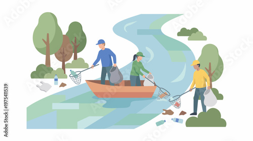 Volunteers cleaning up plastic waste from a river with nets and bags. EPS Editable. Vector Illustrations.
