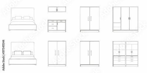 Line art furniture set including beds wardrobes and chests of drawers