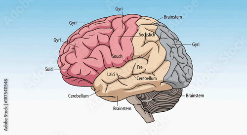 The human brain is divided into sections including Cerebellum, Brainstem, and Cerebrum.