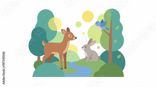 A cute brown deer and a grey rabbit standing together in a forest clearing. EPS Editable. Vector Illustrations.