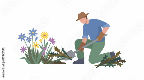 A dedicated gardener working in the garden with flowers. EPS Editable. Vector Illustrations.