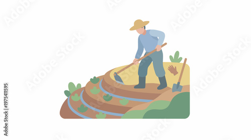 A dedicated farmer wearing a straw hat working on terraced agricultural land. EPS Editable. Vector Illustrations.