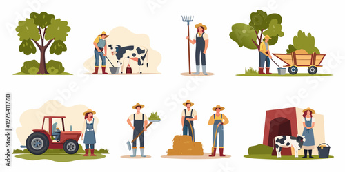 Cartoon illustration depicting various farm workers and agricultural scenes
