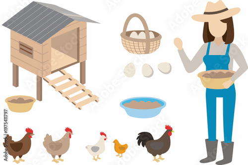 A farmer with chickens eggs and a coop in a cartoon style