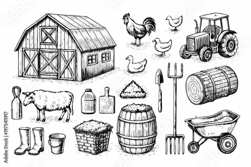 Vintage farm scene featuring barn livestock and agricultural tools