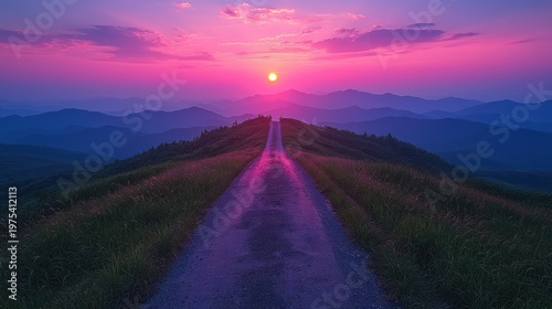 A Luminous Path Ascending Toward a Vibrant Magenta Sunset Over Blue Ridges