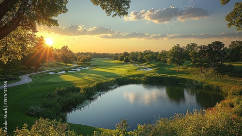 Serene Golf Course Vista at Golden Hour with Sunburst and Reflective Pond