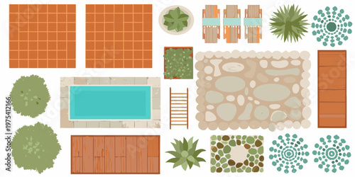 Top down view of various outdoor elements pool patio plants and decor