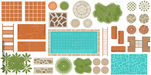 Aerial view of a landscape design with pool trees and patterns