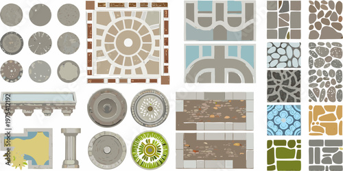 Collection of various stone and tile texture elements for game design