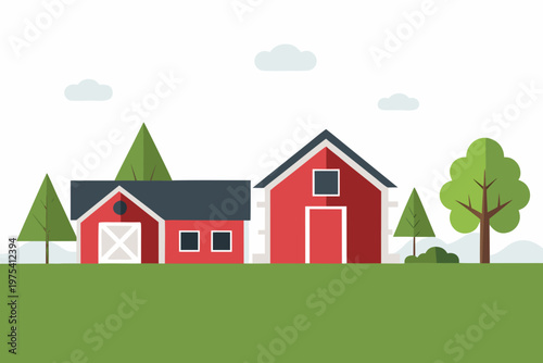 Charming rural scene depicting two houses trees and a cloudy sky