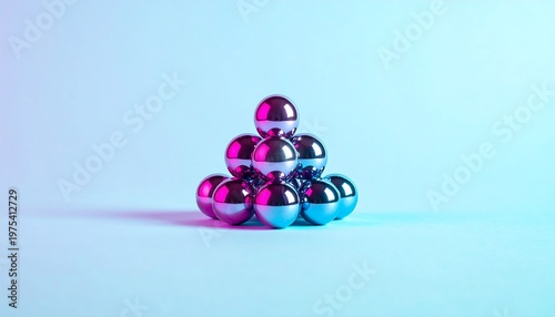 Shiny metallic spheres stacked in pyramid shape with purple and blue hues on light background