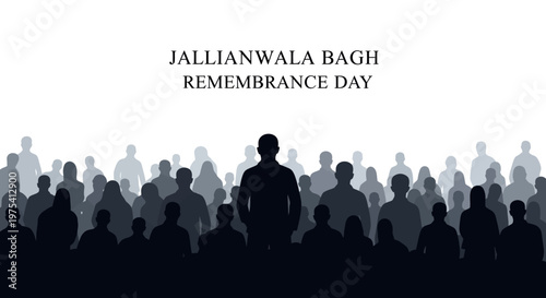 A vector illustration commemorating Jallianwala Bagh Remembrance Day features a silhouetted crowd standing somberly, conveying respect and tribute against a clean white background