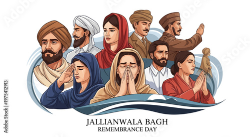 A digital illustration commemorates Jallianwala Bagh Remembrance Day, displaying a diverse group of Indians paying tribute with bowed heads and folded hands against a clean white background