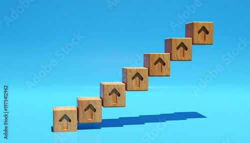 Wooden blocks with house symbols form ascending staircase on blue background representing growth and progress in real estate