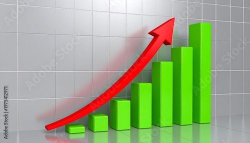 Green bar chart with red arrow showing growth and success in business and finance on gray background