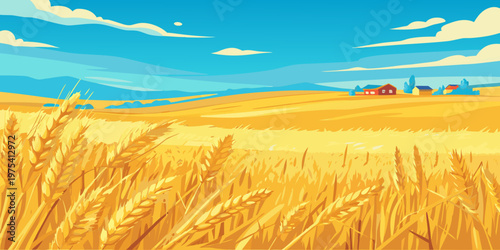 Golden wheat field with distant village under a bright blue sky