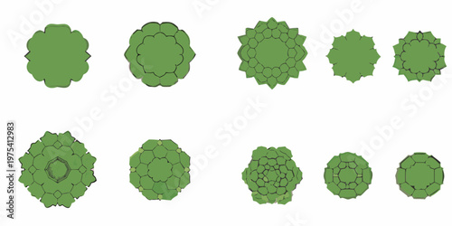 A series of green stylized artichoke shapes arranged in rows